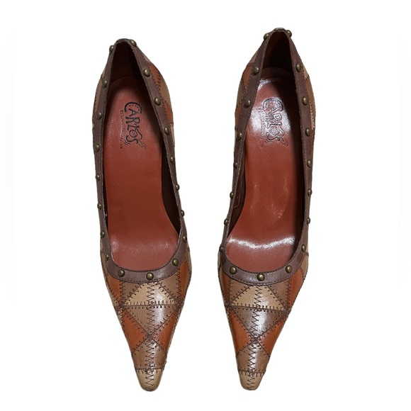 Carlos Santana Puzzled 6M 60s Style Brown Leather Patchwork Studded Pump Heels - Picture 6 of 7
